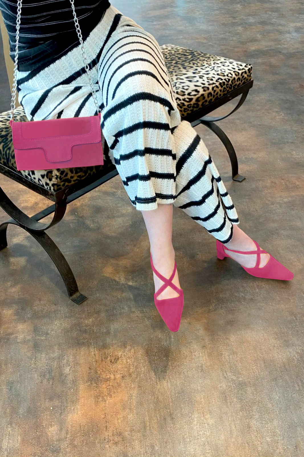 Fuschia pink women's open side shoes, with crossed straps. Tapered toe. Low kitten heels. Worn view - Florence KOOIJMAN